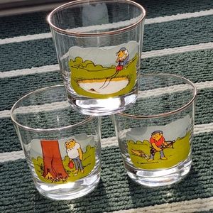3 Vintage gold rim lowball glasses with a Golf ⛳ theme | Ashby Comics